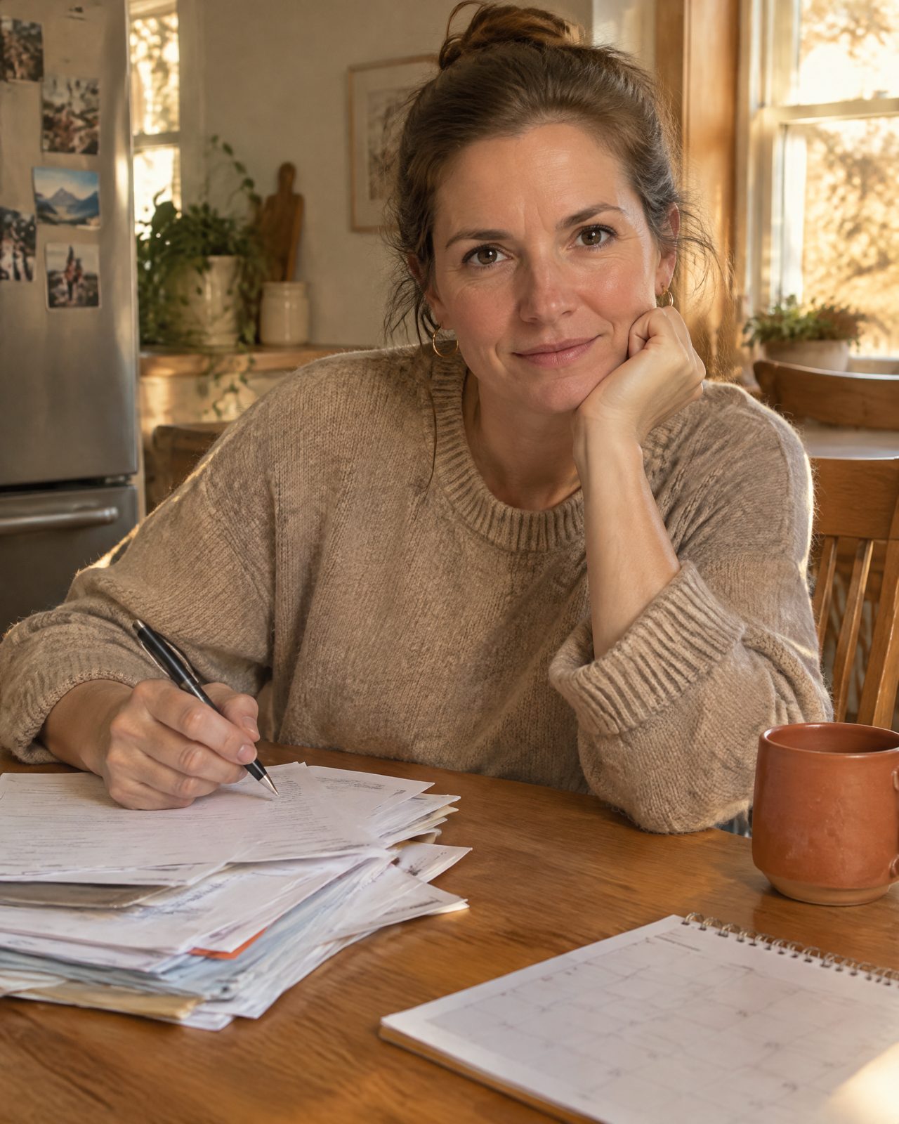 A Québécoise at her kitchen table with bills and a paper calendar
